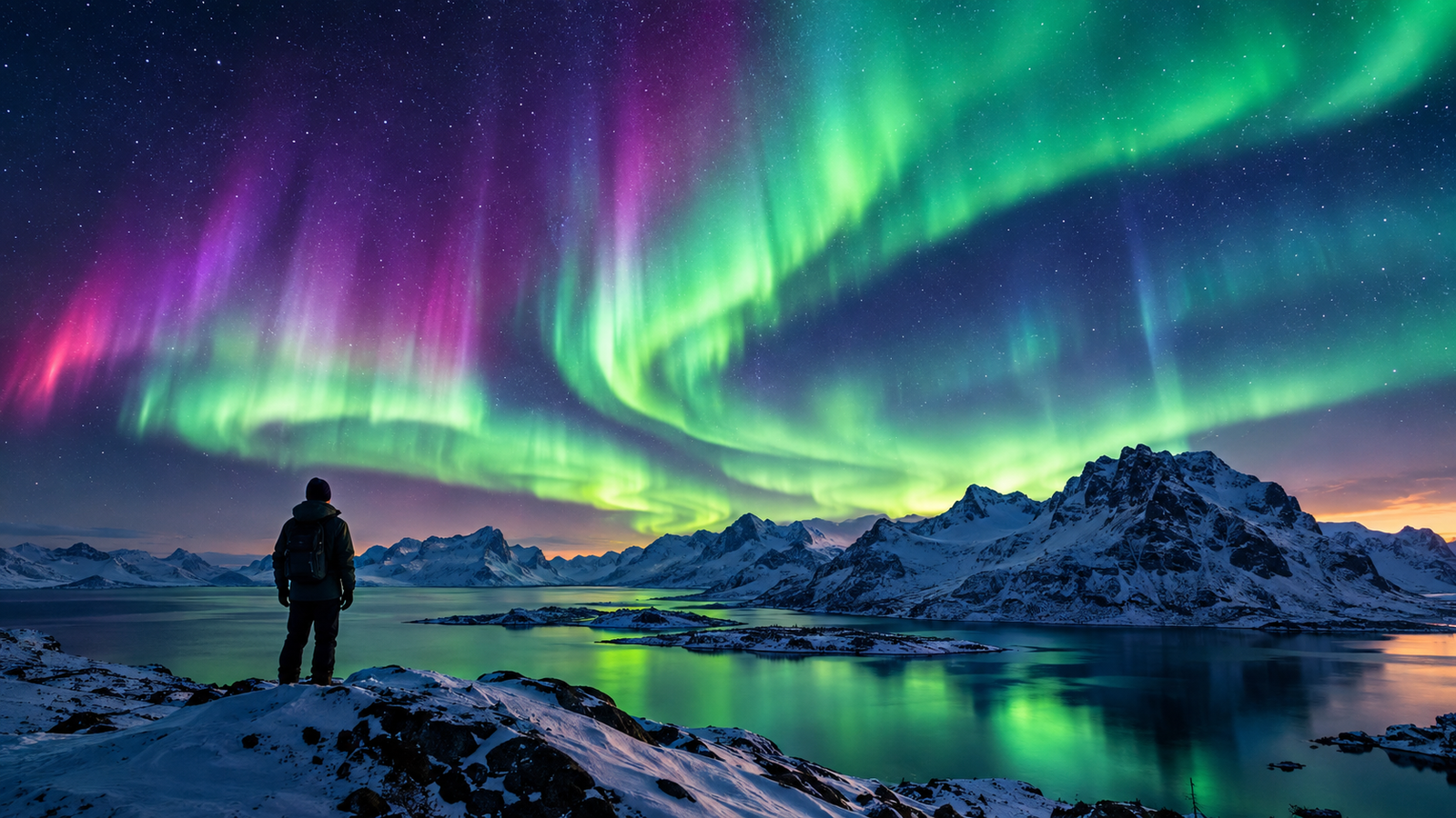 Northern Lights aurora borealis glowing over snowy mountains and a fjord